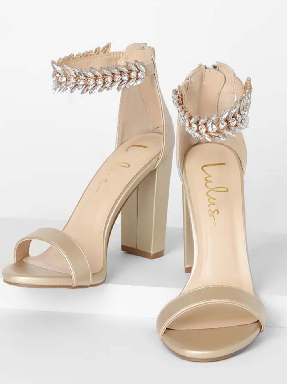 Lulu's Champagne Crystal-Embellished Ankle-Strap Block Heels